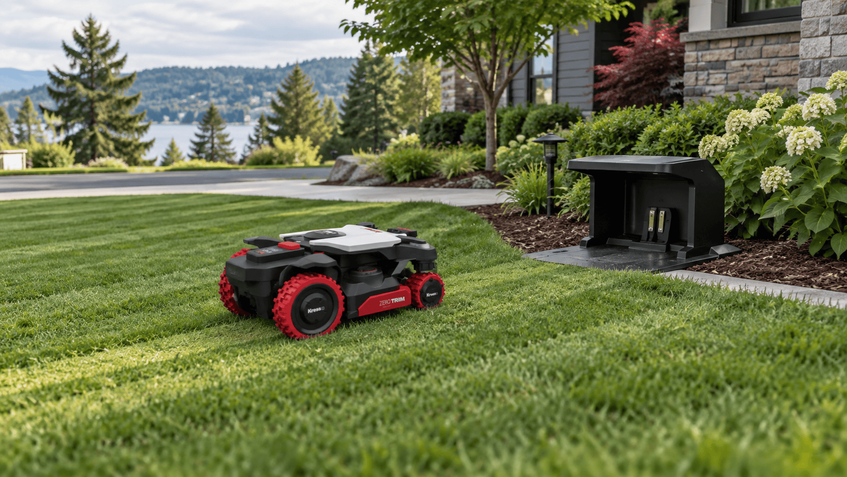 Autonomous mower on a lawn beside its charging station and flowering gardens