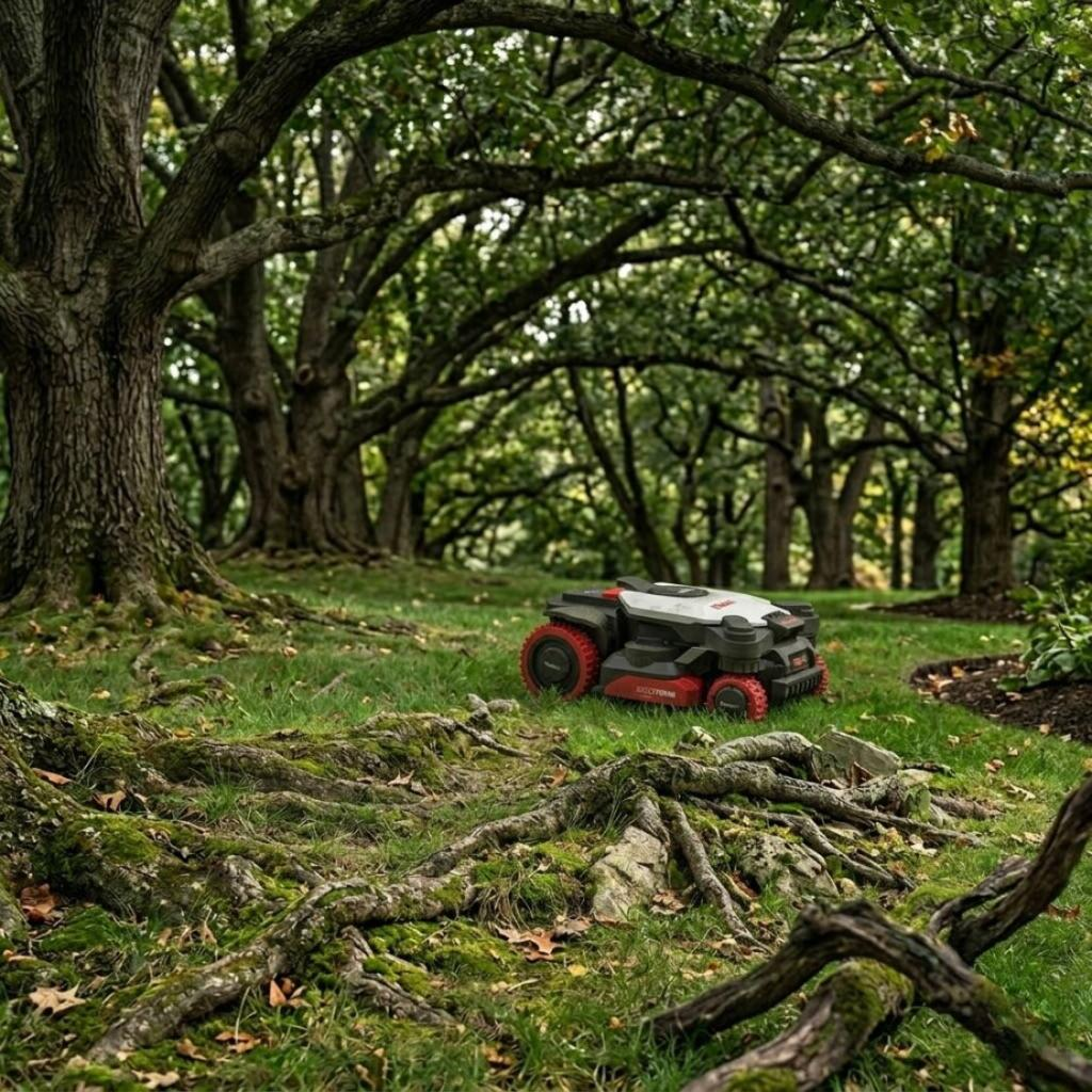 Kress KR282 mower on a shaded lawn beneath trees